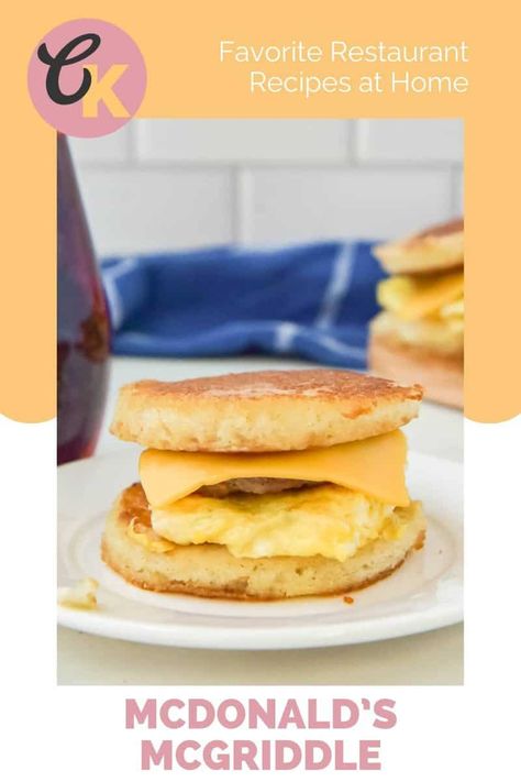 McDonald’s McGriddle is a tasty breakfast sandwich with sausage, egg, and cheese between pancakes coated with syrup. Get the easy copycat recipe and find out how to make a McGriddle at home. Enjoy a homemade McGriddle whenever you have a craving. Homemade Mcgriddle, Mcdonalds Mcgriddle, Fun Pancakes, Sausage Muffins, Breakfast Sausage Recipes, Egg And Cheese, Tasty Breakfast, Sausage Patty, Breakfast Sausage