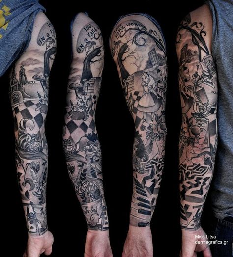 Alice In Wonderland Tattoo Sleeve, Minimalistic Tattoo Ideas, Alice In Wonderland Tattoo, Disney Sleeve Tattoos, Black And Grey Sleeve, Tim Burton Tattoo, Alice And Wonderland Tattoos, Minimalistic Tattoo, Cuff Tattoo