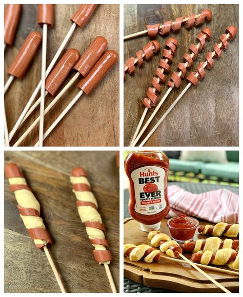 Tornado Dogs … Hot Dogs with a Twist! Easter Egg Decorating Party, China Country, Grilled Pork Tenderloin, Chicken Thigh Recipes Baked, Hot Dog Recipes, Crescent Roll Dough, Stuffed Pork Tenderloin, On A Stick, Easter Decorations Diy Easy