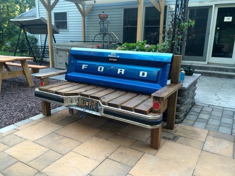 1986 Ford F-150 Tailgate bench Truck Tailgate Bench, Outdoor Bench Plans, Cave Bathroom, Tailgate Bench, Car Part Art, Man Garage, Cave Room, Making A Bench, Man Cave Bathroom