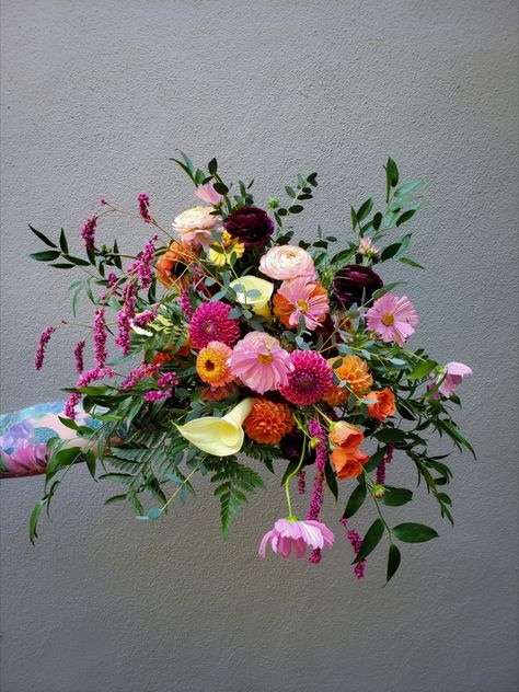 Could'nt think of a better color palette to end the Summer with on this first day of fall wedding! These bright jewel toned florals, and saturated greenery gave us all the feels. With locally sourced flowers like dahlias, zinnias, cosmos, celosia, gomphrena, and prince's feather. Jewel toned wedding, bright wedding flowers, Summer wedding, September wedding, jeweled tone flowers, Wedding flowers, Colorful wedding, Colorful wedding flowers, Orange Wedding flowers, Pink wedding flowers End Of Summer Wedding, Wedding Flowers Orange, Wedding Flowers Colorful, Summer Wedding Floral, Jewel Tone Color Palette, Bright Wedding Flowers, Peach Tones, Orange Wedding Flowers, Colorful Wedding Flowers