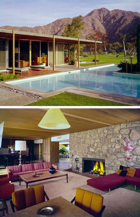 Cannon House located Palm Desert, California was designed by architect William F. Cody and completed in 1963. 60s California House, Palm Springs 70s Home, Tiny Home Decorating Ideas, 60s House, Rock Fireplace, Palm Desert California, Mid Century Living, Mid Century Architecture, Mid Century Modern Interiors