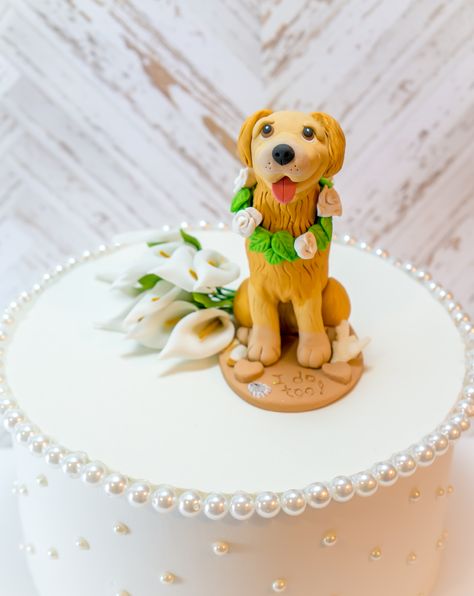 Golden Retriever Wedding Dog Cake Topper with the words "I do too!" written in the sand. Dog is standing on a sand-colored base and surrounded by real seashells. Golden Retriever Wedding, Dogs Cake, Dog Face Drawing, Dog Wallpaper Iphone, Dog Wedding Cake, Fondant Creations, Dog Drawing Simple, Dog Tumblr, Dog Cake Topper Wedding