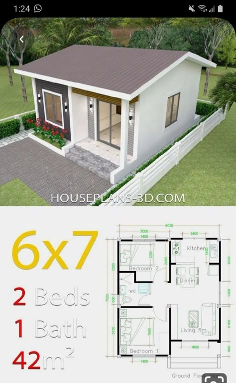 House Plans 3d, One Bedroom House, Small House Layout, House Design Plans, 2 Bedroom House Plans, Small House Floor Plans, Simple House Design, House Plan Gallery, A Small House