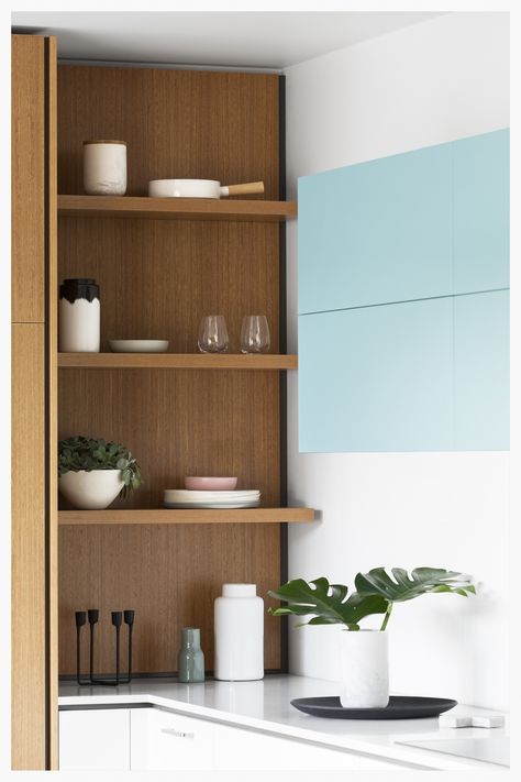 Blackbutt veneer shelving showcasing modernist homewares | cantileverinteriors.com Cantilever Kitchen, Decorate House, System Kitchen, Dirty Kitchen, Homemade Furniture, White Oak Hardwood Floors, Custom Kitchens Design, Rustic Kitchen Design, Kitchen Corner