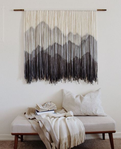 Modernyarns.com Custom Dip dye tapestry. Fiber art. #wallhanging #wallart #dipdyed #tapestry Dip Dye Yarn Hanging Diy, Dip Dyed Macrame Wall Hanging, Dyed Macrame Wall Hangings, Diy Mountain Decor, Macrame Painting, Painted Macrame, Yarn Wall Hanging Diy, Mountain Macrame, Yarn Tapestry