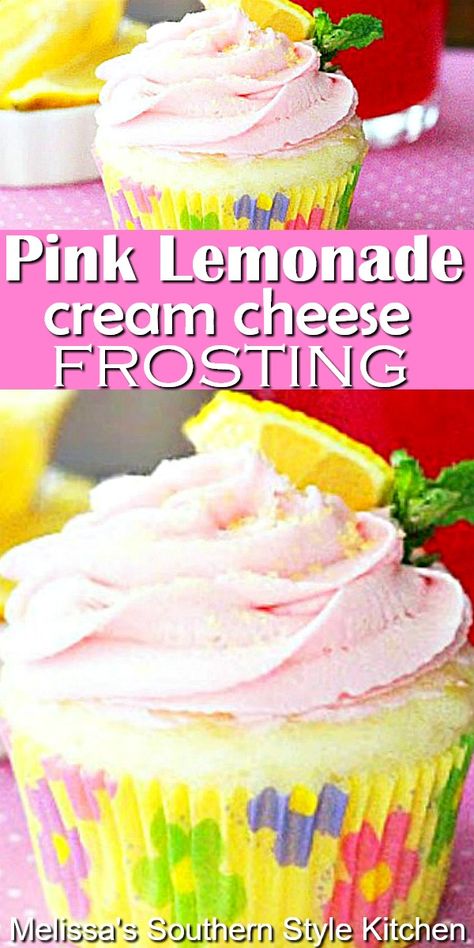 Pink Lemonade Cream Cheese Frosting for your next layer cake or batch of cupcakes #pinklemonade #pinklemonadefrosting #lemonade #creamcheeseicing #icingrecipes #lemonadefrosting #desserts #dessertfoodrecipes #southernrecipes #southernfood Lemonade Frosting, Pink Lemonade Frosting, Lemonade Flavors, Pink Lemonade Pie, Lemonade Cake Recipe, Pink Lemonade Cookies, Yellow Cakes, Cupcake Board, Pink Lemonade Cake