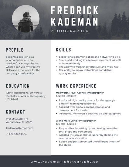 Gray Photographer Modern Resume Photographer Resume Example, Photographer Resume Design, Resume For Photographer, Cv Original Design, Photography Resume, Resume Models, Photographer Resume, Creative Cvs, Cv Original