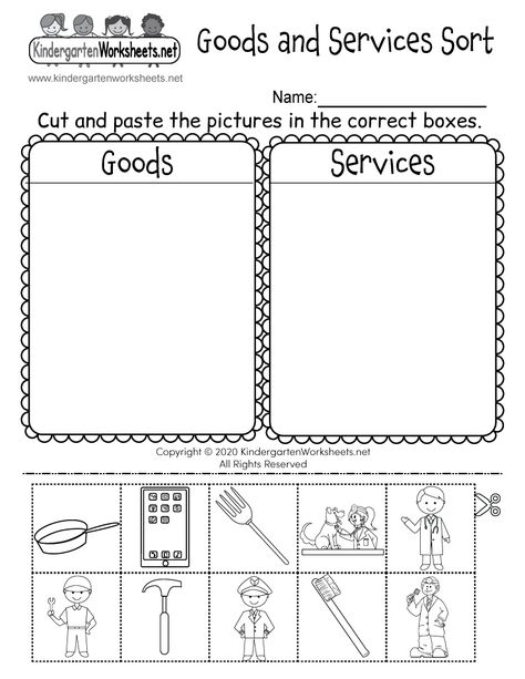 Kids can sort pictures of goods and services by completing a simple cut-and-paste activity in this free social studies worksheet. Goods And Services Worksheet, Spelling Worksheets Kindergarten, Thanksgiving Worksheets Kindergarten, Kindergarten Grammar Worksheets, Christmas Worksheets Kindergarten, Free Kindergarten Printables, Rational Expressions, Holiday Worksheets, Kindergarten Phonics Worksheets