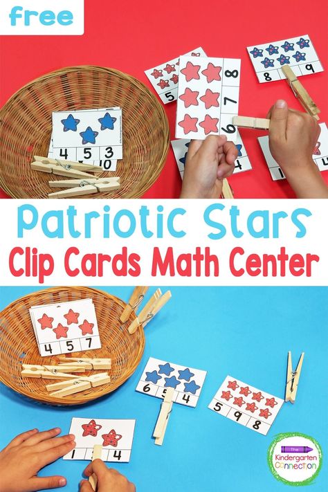 Work on fine motor skills and counting sets to 12 with these festive and free Patriotic Stars Counting Clip Cards for Pre-K & Kindergarten! This math activity is much more exciting and fun with a seasonal twist! Usa Activities For Preschool, Patriotic Activities For Preschool, Patriotic Math, 4th Of July Activities, Math Activities For Toddlers, Kid Printables, Independence Day Activities, Memorial Day Activities, Patriotic Activities