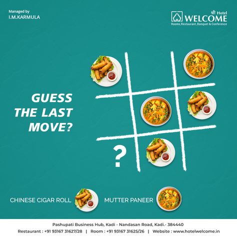 Guess the last move? #Hotel #Welcome #Rooms #Restaurant #Banquet #Kadi #lunch #terracegardenrestaurant #food #breakfast #gujaratifood #punjabifood #chinesefood #events #mocktail #birthday #anniversary #party #meeting #reception #mehndi #ring #ceremony New Year Creatives For Social Media, Munchies Food, Anniversary Post, Puzzle Food, Birthday Deals, Restaurant Poster, Food Post, Punjabi Food, Ring Ceremony