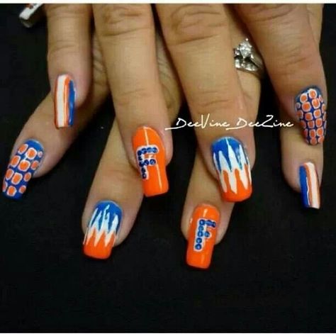 Boise state nails Gator Nails, Denver Broncos Nails, Broncos Nails, Football Nail Designs, Sports Nails, Football Nails, Florida Nails, Florida Gator, Heck Yeah