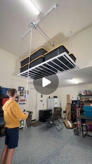 Ceiling Storage and More on Instagram: "Organize your GARAGE? 😁" Garage Storage Ideas Overhead, Ceiling Garage Storage, Ceiling Storage Ideas, Garage Overhead Storage, Garage Ceiling Fan, Diy Overhead Garage Storage, Diy Teardrop Trailer, Garage Organizing, Garage Ceiling Storage