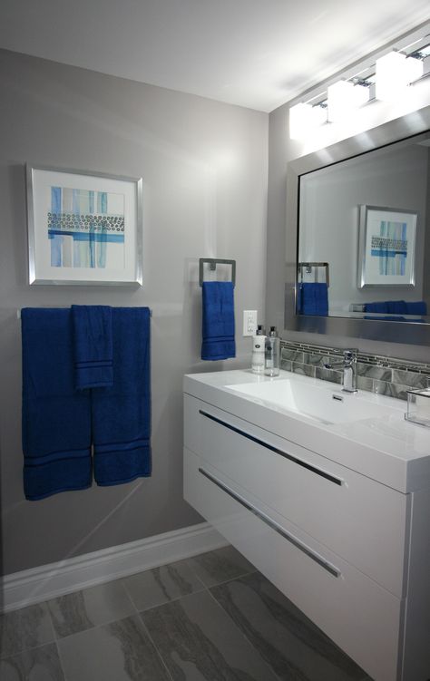 Gray And Blue Bathroom, White Blue Bathroom, Blue Basement, Apartment Upgrades, Exterior Window, Condo Ideas, Blue Accent, Basement Bathroom, Bathroom Redo