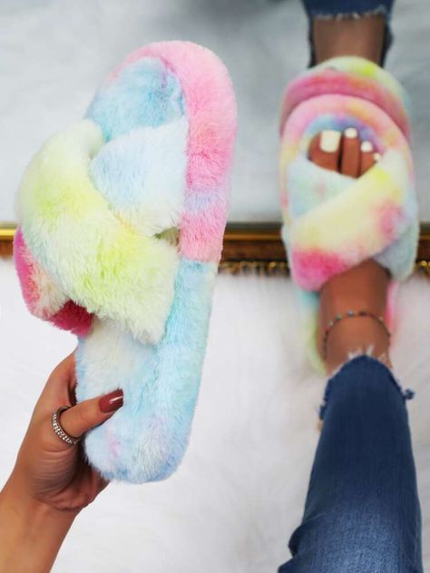 Ombre Cross Strap Fluffy Slippers | SHEIN USA Bedroom Slippers, Moon Decor, Faux Fur Slippers, Flat Slipper, Warm Slippers, Fur Slippers, Platform Slippers, Green Shoes, House Shoes