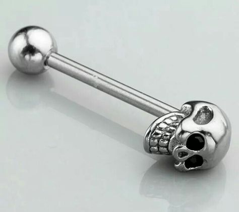 Skull Tongue Piercing, Black Tongue Piercing, Dream Piercings, Happy Skull, Tongue Piercing Jewelry, Nose Bone Stud, Nose Bones, Tongue Piercing, Tongue Rings