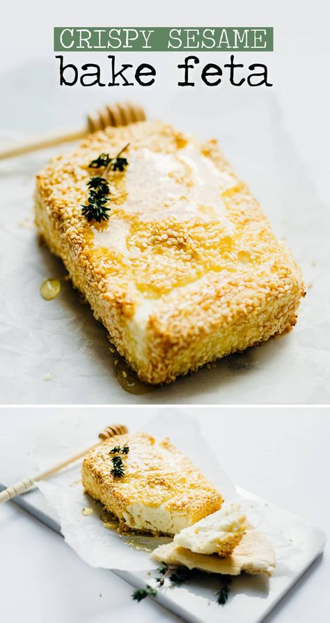 If you like feta, you're going to love it freshly baked in a crispy sesame crust! This Sesame Crusted Baked Feta recipe is easy to make and is the prefect healthy appetizer idea with some pita chips and fresh veggies. #vegetarian #sesame #appetizer #cheese #feta #greekfood Sesame Crusted Feta, Healthy Wine Snacks, Sesame Feta, Recipes With Feta Cheese, Baked Feta Recipe, Appetizers Healthy, Feta Recipe, Healthy Appetizer, Baked Feta