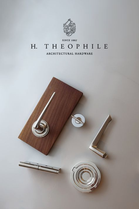 Mid-Centruy Levers. Unique Hardware Designs by H. Theophile. These levers are a perfect example of Mid-Century style and function with a flat tapering handle, round shaft, and stylized hook. Paired with a coordinating thumbturn, ring pull, and hinge. Well-suited for interior doors, entry doors, double doors, or closet doors. Shown in polished nickel. Available in a range of finishes. Click through to see these designs and browse H. Theophile's collection of mid-century hardware. Mid Century Modern Door Handles, Mid Century Door Handles, Modern Door Handles, Mid Century Door, Mid Century Modern Door, Doors Entry, Door Handles Modern, Unique Hardware, Lever Door Handles