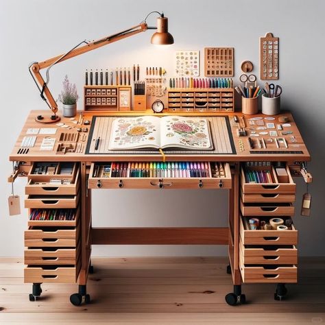 Drawing Table Desk, Dream Art Room, Dream Stickers, Artist Desk, Creative Studio Space, Small Art Studio, Studio Apartment Design, Drawing Desk, Art Studio Room