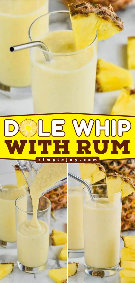 Here's an easy summer cocktail to try! This Disney Dole Whip with Rum is the grown-up version of your favorite magical treat! This homemade drink also makes a great addition to your 4th of July drink ideas! Dole Whip Drink Alcohol, Blended Mixed Drinks Alcoholic, Mixed Drinks Alcoholic Sweet, Beachy Drinks Alcohol, Lake Day Drinks, Easy Frozen Alcoholic Drinks, Fun Summer Alcoholic Drinks, Sweet Alcoholic Drinks Easy, Birthday Alcoholic Drinks