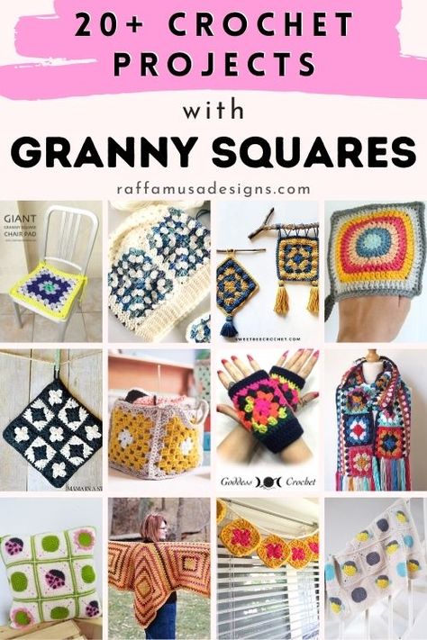 25+ Easy Crochet Projects with Granny Squares • RaffamusaDesigns Things To Make From Granny Squares, Granny Square Crafts, Free Easy Crochet Patterns For Beginners Simple Granny Squares, Crochet With Granny Squares, Small Granny Square Projects, Square Crochet Top Pattern, Granny Square Gifts, Crochet Granny Square Ideas, Things To Make With Granny Squares