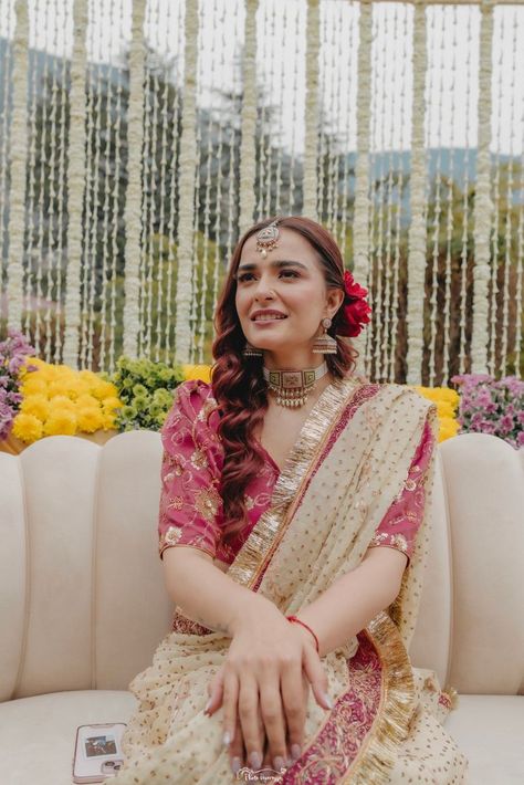 Photo from Lavanya and Shaurya Wedding Haldi Saree Look For Bride, Bride Haldi Look, Mehendi Looks For Bride, Bridesmaids Indian, Haldi Outfits For Bride, Lehenga Poses, Haldi Look For Bride, Haldi Saree, Bridesmaid Indian