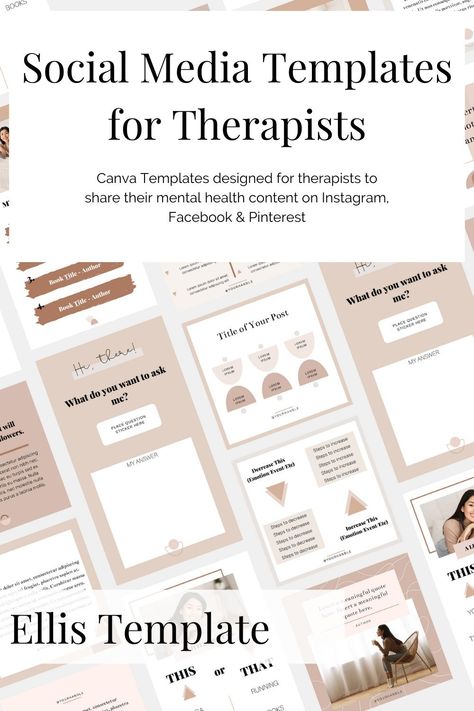 $49 Ellis Social Media Templates by Therapists Site Toolbox - Canva Templates for Modern Therapists, Counselors, Social Workers, and Psychologists. Templates for Instagram, Facebook, and Pinterest. Social media templates correspond to the matching website template. #websitefortherapists #websitedesign #therapist #psychologist #socialworker #counselor #websitetemplates#socialmediafortherapists #instagramfortherapists Psychologist Social Media, Social Media Psychology, Therapy Website Design, Therapist Marketing, Facebook Content, Squarespace Website Templates, Templates For Instagram, Social Workers, Website Template Design