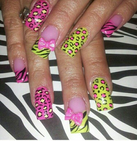 Zebra Print Nails 2000s, Animal Print Y2k Nails, Y2k Nails Leopard, Zebra Leopard Nails, Mcbling Trashy Y2k Nails, Leopard And Zebra Nails, Zebra Print Nails Y2k, Scene Acrylic Nails, Scene Nails Acrylic