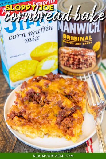 Sloppy Joe Cornbread Bake - comfort food at its best! Sweet cornbread crust topped with sloppy joe meat, and cheese. A weeknight favorite. Everyone always cleans their plate! Jiffy mix, creamed corn, eggs, milk, cheese, ground beef, and Manwich sloppy joe sauce. Super easy to make and tastes great! Cornbread Sloppy Joe Casserole Jiffy, Sloppy Joe Ideas, Best Sweet Cornbread, Sloppy Joe Cornbread, Cornbread Bake, Beer Cheese Bread, Cornbread Crust, Jiffy Recipes, Baking Powder Substitute