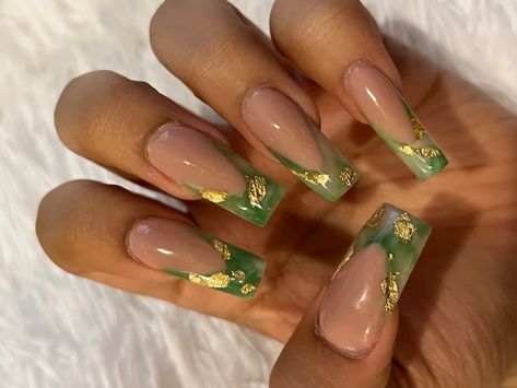 Jade French Tip Nails, Jade Green Nails Acrylic, Jade Green Nails, Nails Acrylic Square, Green Nails Acrylic, Nails Images, Jade Nails, Gold Acrylic Nails, Green Acrylic Nails