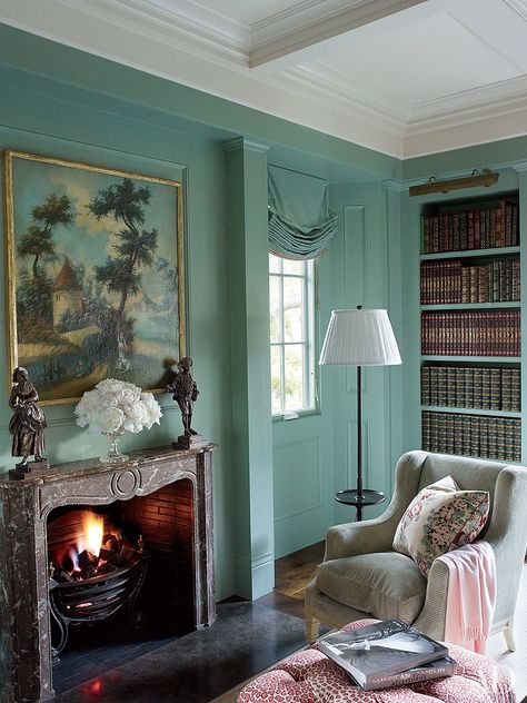 16 Serene Blue-Green Interiors Photos | Architectural Digest Green Painted Rooms, Stratton Blue, Blue Green Rooms, Blue And Green Living Room, Painted Bookshelves, Georgian Style Homes, Pastel Room, Georgian Homes, Living Room Green