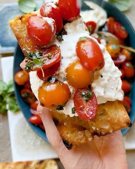 @eatinghealthytoday on Instagram: "Which of these delicious recipes by @halfbakedharvest would you love to try - 1 or 2? 🍑 Full recipes and instructions for both videos is in the comment section below and tag a friend who would love these! 👇🏼" Tomatoes With Burrata, Marinated Cherry Tomatoes, Rib Sauce, Full Recipes, Grilled Bread, Burrata Cheese, Free Keto Recipes, 1 Or 2, Tag A Friend