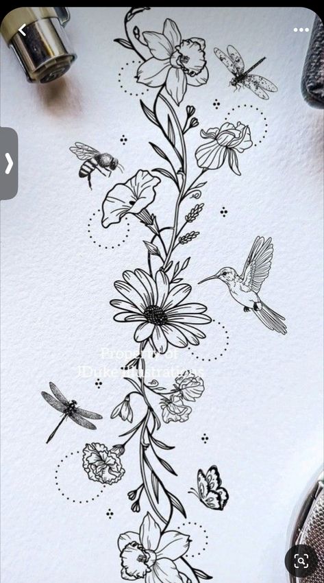 Wrap Around Vine And Flower Tattoos, Tattoo For Journey, Floral And Bird Sleeve Tattoo, Bonding Tattoos Family, Bumble Bee Tattoo Flowers Sleeve, Dark Feminine Tattoos Thigh, Lower Inner Arm Tattoo, Multiple Bird Tattoo, Under Noon Tattoo