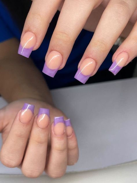 Purple Gray French Tip Nails, Purple French Tip Short Nails, Purple French Tip Nail Art, Lavender French Tip Nails With Design, Neon Purple French Tip Nails, Lavender French Tip Nails Short, Purple And Green French Tip Nails, Purple French Tip Nails Acrylic Square, Cute Short Nail Sets Purple