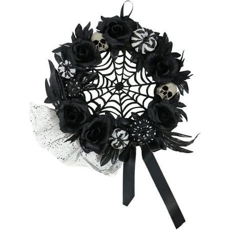 Halloween decorating is at its easiest with Haunted Hill Farm! Add a tastefully creepy touch to your home this season with our Spooky Decor Collection. Our gothic-inspired floral wreath is just what you need to turn your home into the scariest house on the block. Enchanted black flowers, long black boa feathers, dungeon skulls, plus black and white pumpkins will give your door an ominous, sinister vibe. For extra bone-chilling essence, the spiderweb center will have your guests wondering what el Black And White Pumpkins, White Floral Wreath, Spider Web Wreath, Halloween Black And White, Wreath With Pumpkins, Unique Halloween Decorations, Scary Haunted House, Scary Houses, Halloween Floral