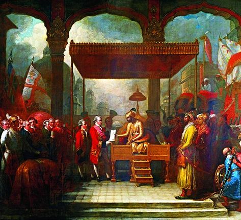 The Mughal emperor Shah Alam hands a scroll to Robert Clive, the governor of Bengal, which transferred tax collecting rights in Bengal, Bihar and Orissa to the East India Company.  Illustration: Benjamin West (1738–1820)/British Library भारतीय इतिहास, William Dalrymple, Raja Ravi Varma, Corporate Governance, Modern India, The Mahabharata, East India Company, Les Continents, History Of India