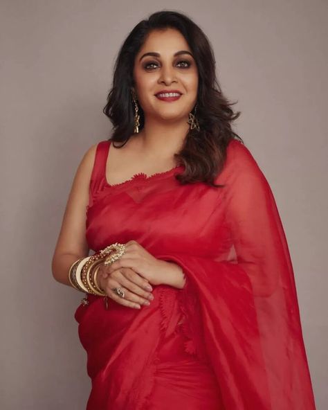 Ramya Krishna Saree, Red Organza Saree, Ramya Krishna, Ramya Krishnan, Tom Jones, Plain Saree, Latest Designer Sarees, Glam Photoshoot, Red Saree