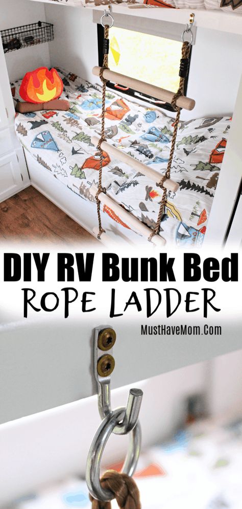 RV bunkhouse remodel with bunk bed ideas and bunk ladder diy via @musthavemom Rope Ladder Bunk Bed, Camper Bunk Bedding Ideas, Diy Camper Bunk Ladder, Camper Ladder For Bunks, Diy Bunk Ladder, Rv Bunk Bed Ladder Diy, Bunkhouse Trailer Remodel, Rv Ladders For Bunks, Travel Trailer Kids Room Bunk Bed