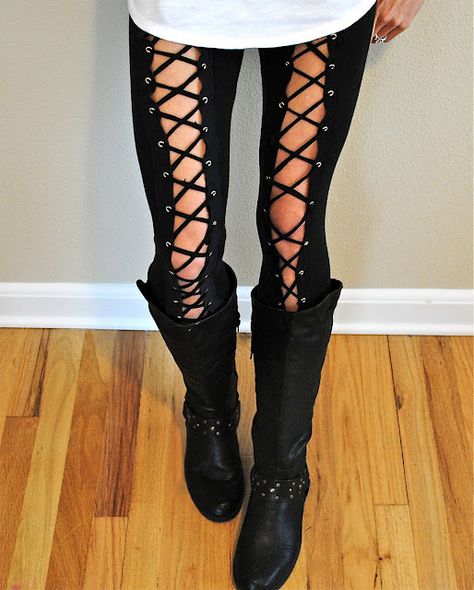 DIY Edgy grommet leggings. would have been great for my pirate costume last year Diy Lace Up Pants, Gasparilla Outfit, Diy Lace Up, Umgestaltete Shirts, Trash To Couture, Gothic Leggings, High Waist Sports Leggings, Lace Up Leggings, Gothic Steampunk