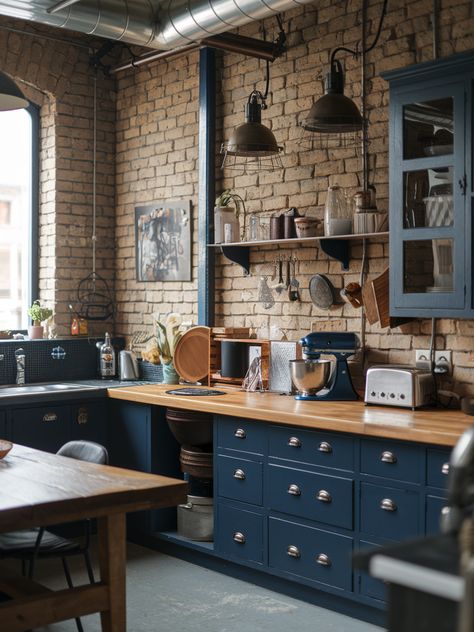 27 Navy Blue Kitchen Cabinets – Your Motor Geek Wall Colors With Navy Cabinets, Blue And Brick Kitchen, Matt Blue Kitchen, Navy Kitchen Cabinets Color Combos, Navy And Cream Kitchen, Dark Blue Cabinets Kitchen, Colourful Cabinets, Blue Tile Kitchen, Kitchen Remodel Blue