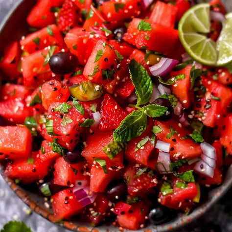 Refreshing Watermelon Salad Recipe - elianarecipes.com Watermelon Salad Recipes, Watermelon Salad, Agave Syrup, Summer Treats, Salad Recipe, Lime Juice, Syrup, Watermelon, Juice