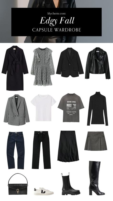 Edgy Capsule Wardrobe, Fall Capsule Wardrobe 2023, Mode Edgy, Black Capsule Wardrobe, Capsule Wardrobe Ideas, Capsule Wardrobe 2023, Chic Capsule Wardrobe, Capsule Wardrobe Basics, Capsule Wardrobe Work