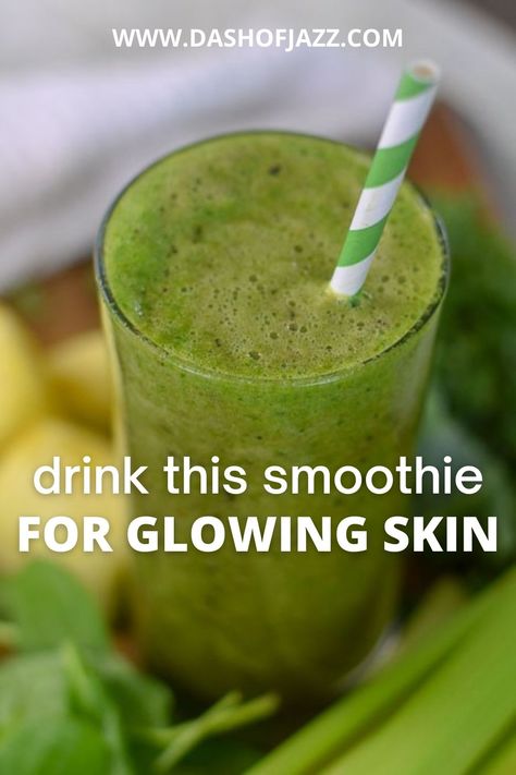 Looking for glowing skin tips? Here's how from the inside out with a green smoothie that doesn't taste like one. How to make a delicious, antioxidant-rich sweet green smoothie for glowing skin! Drink this green smoothie recipe by Dash of Jazz for glowing skin #dashofjazzblog #glowingskinsmoothierecipes #greensmoothierecipes #glowingskinjuice #greenjuiceforskin Green Smoothie For Glowing Skin, Green Smoothie Recipes Healthy Glowing Skin, Glowing Smoothie, Glowing Skin Drink, Green Smoothie Recipes Breakfast, Smoothie For Glowing Skin, Digestion Smoothie, Glowing Skin Smoothie, Healthy Skin Smoothie