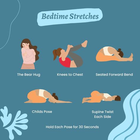 Get a better night's sleep with these 4 simple stretches. They're perfect for doing before bed to help you relax and unwind.  #bedtimestretches #goodnightssleep Better Sleep Stretches, Stretches Before Sleep, Meditation Before Sleep, Nightly Stretches, Relaxing Stretches, Supine Twist, Seated Forward Bend, Before Bed Routine, Bed Time Routine