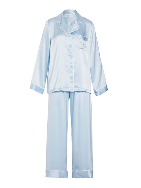 Luxurious silk is stunning to touch. So imagine being surrounded in silk as you sleep, with this luxe women's silk ice blue classic pyjama set. Sold with a matching box, these would also make the perfect gift for someone special. * Button up shirt with collar * Top pocket with ribbon detail * Matching classic style PJ pants * Elasticised waistband * Drawstring * Comes with matching eye mask * Beautifully gift boxedModel is usually a size 8 and wears a small. Silk Pijamas, Pj Outfit, Silk Pj Set, Silk Pjs, Women Pyjamas, Luxury Pajamas, Classic Pajamas, Peter Alexander, Kids Pjs