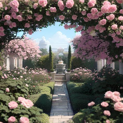 Pink rose garden wombo dream Aesthetic Rose Garden, Royal Rose Garden, Pink Rose Garden Aesthetic, Secret Rose Garden, Dreamy Art Landscape, Rose Garden Drawing Art, Royal Garden Background, Rose Garden Illustration, Garden Pink Aesthetic