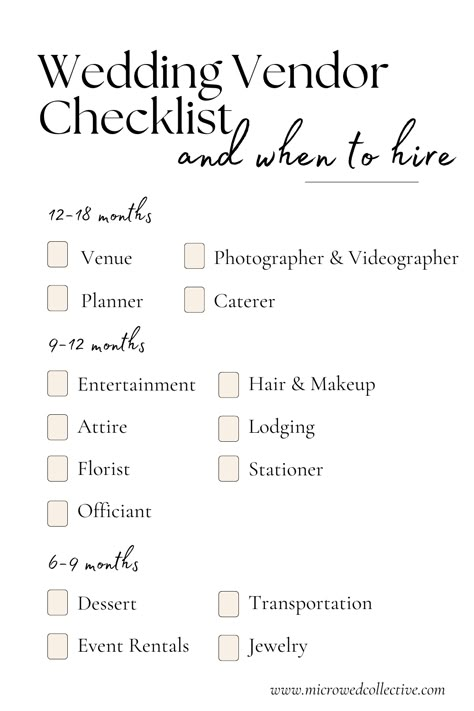 Save this simple wedding vendor checklist for when you're ready to hire your wedding team. Use the timeline to know when you need to book each vendor. This is a great quick reference to use as a wedding vendor list when you're planning your wedding.  #weddingvendorchecklist #weddingvendorlist #weddingplanning Vendor List For Wedding, Wedding Vendor Checklist, Week Of Wedding To Do List, 6pm Wedding Timeline, Wedding Timeline For Guests, Wedding List Planning, Wedding Timeline 12 Month, Wedding Savings Plan, Things To Do For Wedding