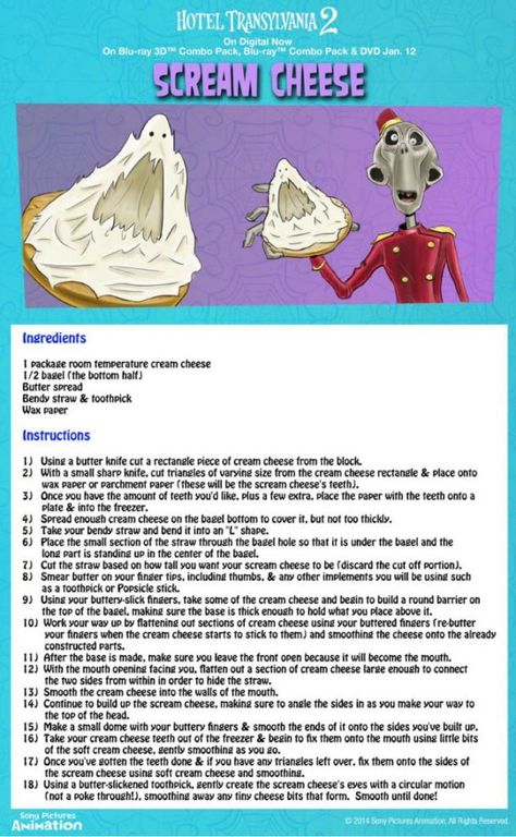 Hotel Transylvania Scream Cheese Recipe Corpse Bride Movie Night Food, Hotel Transylvania Halloween Party, Hotel Transylvania Food, Hotel Transylvania Food Ideas, Hotel Transylvania Dinner, Movie Food Recipes, Festa Hotel Transylvania, Cartoon Recipe, Hotel Transylvania Birthday