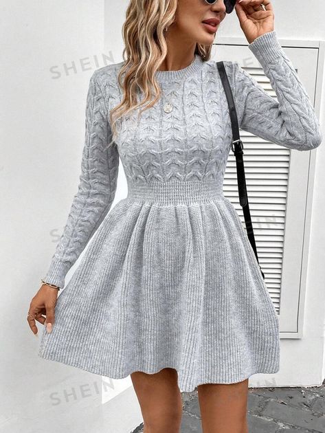 SHEIN LUNE Women's Round Neck Patchwork Slim Fit A-Line Or Flared Hem Casual Comfortable Warm Pullover Sweater Dress With Different Textures For Fall And Winter | SHEIN EUR Cute Winter Dresses, Cute Sweater Dresses, Shirred Waist Dress, Cable Knit Sweater Dress, Casual Chique, Slim Sweater, Long Sweater Dress, Women Sweaters Winter, Sweater Dresses