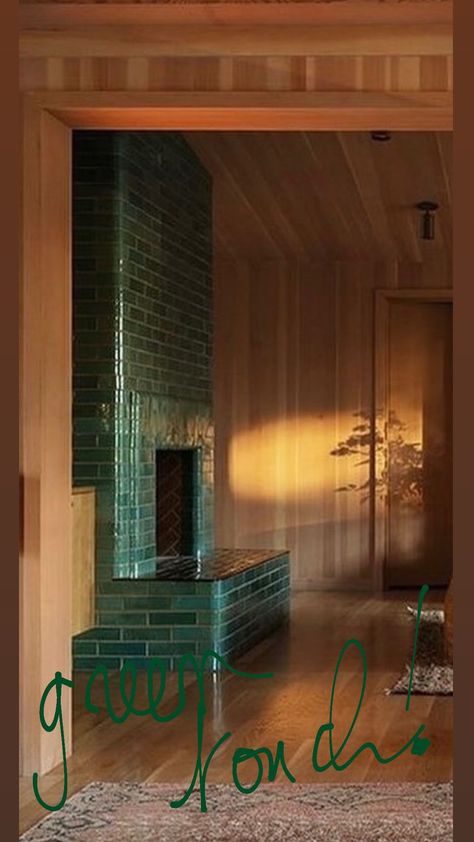 Tile Fireplace Modern, Green Tile Fireplace, Modern Fire Place, Tiled Fireplace, Fireplace Modern, Green Tiles, Tile Fireplace, Home Wood, Modern Fireplace